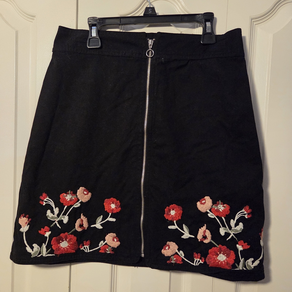 LOFT Black Skirt with Red Floral Embroidery